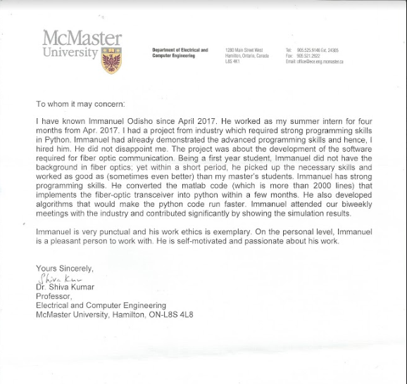 Screenshot of reference letter